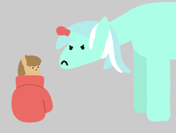 Size: 2048x1536 | Tagged: safe, artist:2merr, lyra heartstrings, oc, oc:twosday, pony, unicorn, :), :c, >:c, blob ponies, boxing gloves, dot eyes, drawn on phone, drawthread, duo, female, frown, gray background, mare, simple background, size difference, smiley face, smiling, weekday ponies