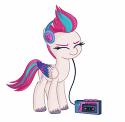 Size: 873x853 | Tagged: safe, artist:vito, imported from ponybooru, zipp storm, pegasus, pony, :t, animated, bouncing, cassette player, dancing, eyes closed, female, g5, headbang, headphones, mare, music, my little pony: a new generation, no sound, simple background, smiling, solo, unshorn fetlocks, walkman, webm, white background