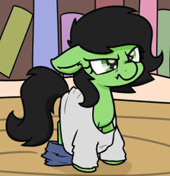 Size: 295x305 | Tagged: safe, artist:skitter, edit, imported from derpibooru, oc, oc:filly anon, earth pony, pony, angry, clothes, cropped, female, filly, floppy ears, scrunchy face, shirt, transformed