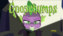 Size: 1192x670 | Tagged: safe, edit, edited screencap, editor:undeadponysoldier, imported from ponybooru, screencap, spike, dragon, dungeons and discords, discovery family logo, evil, evil grin, flashlight (object), goosebumps, grin, looking at you, male, slightly creepy, smiling, solo, title card, twilight's castle