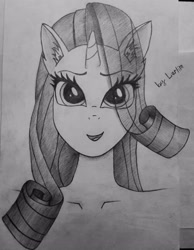 Size: 2496x3216 | Tagged: safe, artist:larlim, imported from derpibooru, rarity, anthro, unicorn, bust, female, high res, mare, monochrome, pencil, portrait, solo, traditional art