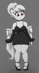 Size: 653x1200 | Tagged: safe, artist:pabbley, imported from derpibooru, rainbow dash, anthro, pegasus, unguligrade anthro, alternate hairstyle, black dress, breasts, busty rainbow dash, choker, cleavage, clothes, dress, evening gloves, female, gloves, gray background, grayscale, little black dress, long gloves, mare, monochrome, partial color, rainbow dash always dresses in style, simple background, solo, sweat, wide hips