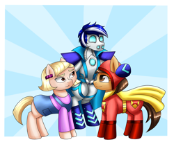 Size: 2048x1676 | Tagged: safe, artist:zachc, imported from derpibooru, oc, oc:ivislor, oc:ivislor odzi, cyborg, cyborg pony, earth pony, pony, becky boxford, belt buckle, blonde hair, blue background, blue hair, boots, cape, clothes, commission, commissioner:iv's, helmet, ponified, shoes, shoulder pads, simple background, superhero, trio, violet heaslip, wordgirl