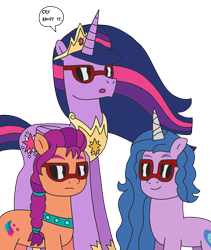 Size: 2052x2437 | Tagged: safe, artist:supahdonarudo, imported from derpibooru, izzy moonbow, sunny starscout, twilight sparkle, alicorn, earth pony, pony, unicorn, the last problem, crown, dialogue, g5, high res, hoof shoes, jewelry, my little pony: a new generation, older, older twilight, princess twilight 2.0, regalia, simple background, speech bubble, sunglasses, sunny and her heroine, transparent background, twilight sparkle (alicorn)