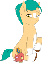 Size: 470x700 | Tagged: safe, artist:lullabyjak, imported from derpibooru, hitch trailblazer, bird, earth pony, pony, critter magnet, eyes closed, g5, looking down, male, my little pony: a new generation, simple background, solo, stallion, wip
