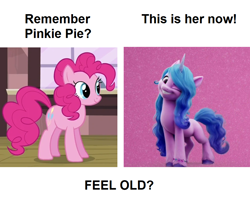 Size: 954x798 | Tagged: safe, edit, edited screencap, imported from derpibooru, screencap, izzy moonbow, pinkie pie, earth pony, pony, unicorn, duo, duo female, feel old yet?, female, forced meme, g4, g5, mare, my little pony: a new generation, the new pinkie pie