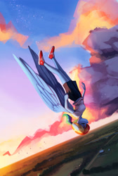 Size: 2000x2985 | Tagged: safe, artist:mrscroup, imported from derpibooru, rainbow dash, anthro, bird, pegasus, clothes, cloud, eyes closed, female, flying, high res, ponytober, shoes, sky, sneakers, solo