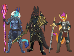 Size: 8000x6000 | Tagged: safe, artist:chedx, imported from derpibooru, princess ember, smolder, oc, dragon, alatreon, armor, bloodstone scepter, crossover, dragoness, female, garo, male, monster hunter, skyrim, sword, the elder scrolls, weapon