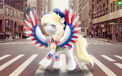 Size: 2048x1280 | Tagged: safe, artist:starspangledpony, imported from derpibooru, oc, oc only, oc:star spangle, pegasus, pony, american, bait, city, clothes, crosswalk, day, female, g5, hat, my little pony: a new generation, pegasus oc, photoshop, real life background, solo, street