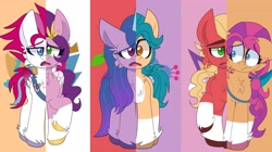 Size: 4096x2286 | Tagged: safe, artist:saveraedae, imported from derpibooru, hitch trailblazer, izzy moonbow, pipp petals, sprout cloverleaf, sunny starscout, zipp storm, earth pony, pegasus, pony, unicorn, magical mystery cure, badge, braid, cheek fluff, chest fluff, coat markings, colored eyebrows, colored hooves, colored pupils, colored wings, facial markings, female, floppy ears, frown, g5, gold hooves, hooves, horn, male, mane five (g5), mare, my little pony: a new generation, new mane six (g5), open mouth, pale belly, raised hoof, sash, sheriff's badge, socks (coat markings), stallion, swapped cutie marks, unshorn fetlocks, what my cutie mark is telling me, wings
