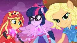 Size: 3410x1920 | Tagged: safe, imported from derpibooru, screencap, applejack, sci-twi, sunset shimmer, twilight sparkle, equestria girls, equestria girls series, rollercoaster of friendship, female, glasses, high res, holding hands, ponied up, smiling, super ponied up, wings