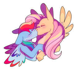 Size: 1280x1167 | Tagged: safe, artist:lockandkeyhyena, imported from derpibooru, fluttershy, rainbow dash, pegasus, pony, bust, colored wings, colored wingtips, duo, eyes closed, female, floppy ears, flutterdash, kiss on the lips, kissing, lesbian, mare, shipping, simple background, transparent background, wings