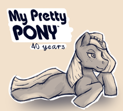 Size: 2118x1900 | Tagged: safe, artist:apatheticxaddict, imported from derpibooru, retro leap, earth pony, pony, anniversary, coat markings, cowboy hat, female, freckles, hat, logo, monochrome, my pretty pony, simple background, solo, text
