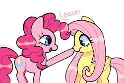 Size: 640x427 | Tagged: safe, artist:risswm, imported from derpibooru, fluttershy, pinkie pie, earth pony, pegasus, pony, boop, cute, diapinkes, ponytober, shyabetes, simple background, white background