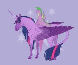 Size: 1280x1058 | Tagged: safe, artist:soaringdragonpl, imported from derpibooru, spike, twilight sparkle, alicorn, dragon, horse, pony, cutie mark background, dragons riding ponies, duo, female, hoers, large wings, leonine tail, male, mare, riding, spike riding twilight, tail, twilight sparkle (alicorn), winged spike, wings