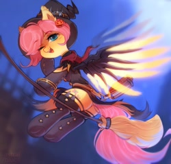 Size: 1580x1508 | Tagged: safe, artist:astralblues, imported from derpibooru, fluttershy, pegasus, pony, artificial wings, augmented, broom, crossover, flying, flying broomstick, hat, mercy, mercyshy, one eye closed, overwatch, ponytober, pumpkin, solo, wings, wink, witch, witch hat