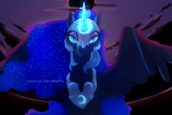 Size: 3000x2000 | Tagged: safe, artist:daryaberry, imported from derpibooru, nightmare moon, alicorn, pony, alicorn magic, cloud, ethereal hair, ethereal mane, ethereal tail, eyeshadow, female, helmet, high res, lidded eyes, looking at you, magic, magic aura, makeup, mare, purple eyeshadow, solo, tail