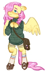 Size: 666x1024 | Tagged: safe, artist:tapi_okae, imported from derpibooru, fluttershy, pegasus, semi-anthro, arm hooves, clothes, flower, flower in hair, hair over one eye, hoof shoes, nonbinary, simple background, socks, solo, sweater, white background