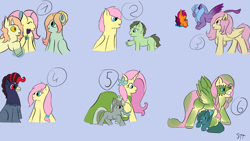 Size: 1192x670 | Tagged: safe, alternate version, artist:schumette14, imported from derpibooru, fluttershy, oc, oc:alocasia, oc:epiphyllum, oc:hamadryas, oc:hope, oc:morpho, oc:sunset lisianthia, oc:symphony, bat pony, earth pony, pegasus, unicorn, adoption, alternate universe, bat ponified, butterscotch, flutterbat, gritted teeth, multiverse, race swap, rule 63, tribalshy, unicorn fluttershy