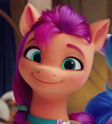 Size: 450x497 | Tagged: safe, imported from derpibooru, screencap, sunny starscout, earth pony, pony, spoiler:my little pony: a new generation, cropped, cute, g5, my little pony: a new generation, offscreen character, smiling, solo focus, sunnybetes