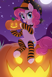 Size: 972x1428 | Tagged: safe, artist:nika-rain, imported from derpibooru, pinkie pie, earth pony, pony, clothes, costume, cute, halloween, halloween costume, holiday, night, pumpkin, show accurate, sitting, solo