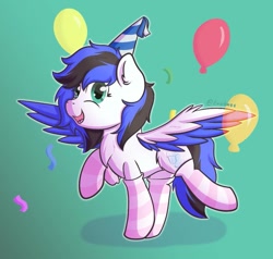 Size: 1003x954 | Tagged: safe, artist:exobass, imported from derpibooru, oc, oc only, oc:black ice, pegasus, pony, balloon, birthday, confetti, female, partyhat, pegasus oc, solo, spread wings, wings