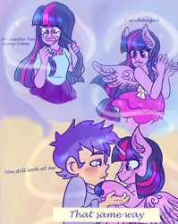 Size: 1399x1755 | Tagged: safe, artist:mimiporcellini, imported from derpibooru, flash sentry, twilight sparkle, alicorn, equestria girls, blushing, comic, female, flashlight, human flash sentry x pony twilight, interspecies, male, ponied up, shipping, straight, twilight sparkle (alicorn)