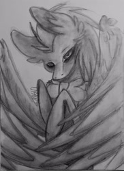 Size: 1912x2625 | Tagged: safe, artist:sketchytwi, imported from derpibooru, doctor whooves, time turner, pegasus, pony, ask discorded whooves, bust, discord whooves, discorded, ear fluff, grayscale, male, monochrome, solo, stallion, traditional art, wings