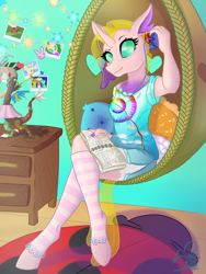Size: 1768x2357 | Tagged: safe, artist:cuervo-of-cristal, imported from derpibooru, discord, oc, anthro, changedling, changeling, unguligrade anthro, changedling oc, changeling oc, clothes, crossed legs, female, indoors, lamp, music player, signature, sitting, smiling, socks, striped socks