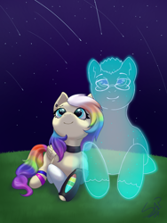 Size: 968x1290 | Tagged: safe, artist:cuervo-of-cristal, imported from derpibooru, oc, oc only, ghost, pegasus, undead, choker, duo, eyelashes, female, looking up, lying down, mare, multicolored hair, night, pegasus oc, prone, rainbow hair, signature, smiling, stars