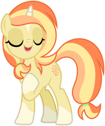 Size: 1024x1221 | Tagged: safe, artist:pegasski, imported from derpibooru, oc, oc only, oc:sunset valley, pony, unicorn, coat markings, eyes closed, female, full body, hair tie, hoof on chest, horn, mare, multicolored mane, multicolored tail, open mouth, open smile, outline, show accurate, simple background, smiling, socks (coat markings), solo, standing, tail, transparent background, unicorn oc, white outline