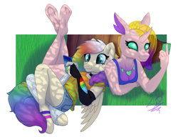 Size: 1238x950 | Tagged: safe, artist:cuervo-of-cristal, imported from derpibooru, oc, oc only, anthro, changedling, changeling, pegasus, unguligrade anthro, cellphone, changedling oc, changeling oc, clothes, duo, female, multicolored hair, outdoors, pegasus oc, phone, rainbow hair, smartphone, smiling, the pose, underhoof, wings