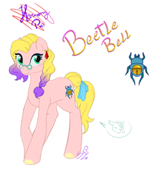 Size: 1954x2190 | Tagged: safe, artist:cuervo-of-cristal, imported from derpibooru, oc, oc only, oc:beetle bell, beetle, changedling, changeling, earth pony, insect, pony, changedling oc, changeling oc, disguise, disguised changeling, earth pony oc, female, signature, simple background, smiling, white background