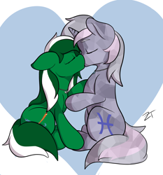 Size: 2800x3000 | Tagged: safe, artist:zombietator, imported from derpibooru, oc, oc only, crystal pony, earth pony, pony, abstract background, earth pony oc, high res, jewelry, kissing, necklace, oc x oc, shipping, signature