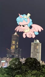 Size: 720x1214 | Tagged: safe, artist:chrzanek97, edit, imported from derpibooru, cozy glow, alicorn, pony, alicornified, cozycorn, giant pony, irl, kaohsiung, macro, photo, ponies in real life, race swap, solo, taiwan