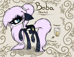 Size: 2848x2220 | Tagged: safe, artist:beamybutt, imported from derpibooru, oc, oc only, earth pony, pony, boba tea, ear fluff, earth pony oc, eyelashes, female, high res, mare, raised hoof, reference sheet, solo