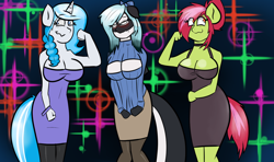 Size: 1300x768 | Tagged: safe, artist:tranzmuteproductions, imported from derpibooru, oc, oc only, anthro, earth pony, unicorn, braid, clothes, dress, earth pony oc, female, flexing, horn, smiling, unicorn oc