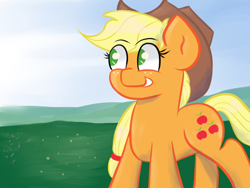 Size: 800x600 | Tagged: safe, artist:tranzmuteproductions, imported from derpibooru, applejack, earth pony, pony, eyelashes, female, grin, hat, mare, outdoors, smiling, solo