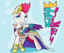 Size: 1964x1608 | Tagged: safe, artist:sallycars, imported from derpibooru, zipp storm, pegasus, pony, blue background, clothes, colored wings, dress, female, g4, g5, g5 to g4, gala dress, mare, ms paint, my little pony: a new generation, simple background, solo, tongue out, wings