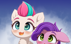 Size: 4000x2500 | Tagged: safe, artist:symbianl, imported from derpibooru, pipp petals, zipp storm, pegasus, pony, :3, adorapipp, adorazipp, chest fluff, cute, female, filly, filly pipp petals, filly zipp storm, floppy ears, g5, my little pony: a new generation, open mouth, pipp is short, royal sisters (g5), siblings, sisters, younger