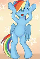 Size: 633x923 | Tagged: safe, artist:rainbow, edit, imported from derpibooru, rainbow dash, pegasus, pony, anime, bipedal, caramelldansen, cropped, cute, dancing, dashabetes, eyes closed, female, open mouth, smiling, solo