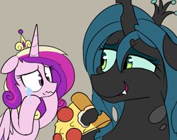 Size: 1351x1066 | Tagged: safe, artist:icey, imported from derpibooru, princess cadance, queen chrysalis, alicorn, changeling, changeling queen, pony, crying, duo, female, floppy ears, food, peetzer, pizza, pure unfiltered evil, that pony sure does love pizza, wavy mouth, you monster