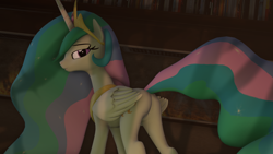 Size: 1920x1080 | Tagged: safe, artist:midnightdanny, imported from derpibooru, princess celestia, alicorn, pony, 3d, butt, collar, crown, jewelry, looking at you, plot, regalia, solo, source filmmaker, sunbutt