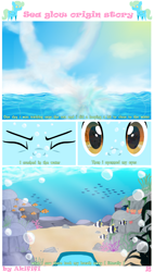 Size: 3000x5300 | Tagged: safe, artist:akififi, imported from derpibooru, oc, oc only, oc:sea glow, fish, pony, comic:sea glow origin story, bubble, close-up, comic, crash, crashing, solo, underwater