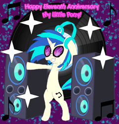 Size: 1000x1037 | Tagged: safe, artist:rainofbladess, imported from derpibooru, dj pon-3, vinyl scratch, pony, unicorn, banner, bipedal, colorful, dancing, glasses, happy birthday mlp:fim, headphones, mlp fim's eleventh anniversary, music, music notes, note, record, shine, smiling, solo, speaker