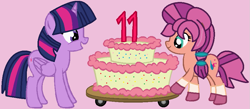 Size: 893x390 | Tagged: safe, artist:edgeoffear, artist:jadeharmony, imported from derpibooru, sunny starscout, twilight sparkle, alicorn, earth pony, pony, backwards cutie mark, base used, birthday cake, cake, coat markings, colored hooves, female, food, g4, g5, g5 to g4, happy birthday mlp:fim, mare, markings, mlp fim's eleventh anniversary, my little pony: a new generation, pink background, simple background, socks (coat markings), sunny and her heroine, twilight sparkle (alicorn), unshorn fetlocks