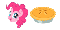 Size: 290x145 | Tagged: safe, imported from derpibooru, pinkie pie, earth pony, pony, blue eyes, curly hair, cursor, female, food, mare, open mouth, open smile, pie, pink hair, pink mane, pink skin, simple background, smiling, solo, transparent background