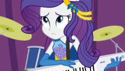 Size: 3410x1920 | Tagged: safe, imported from derpibooru, screencap, rarity, equestria girls, equestria girls series, rollercoaster of friendship, drums, female, high res, keytar, musical instrument, photo booth (song), ponied up, solo