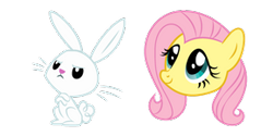 Size: 290x145 | Tagged: safe, imported from derpibooru, angel bunny, fluttershy, pegasus, pony, rabbit, angry, animal, blue eyes, bunny ears, closed mouth, cursor, female, mare, pink hair, pink mane, simple background, smiling, tail, transparent background, yellow skin