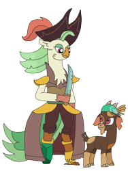 Size: 2448x3264 | Tagged: safe, artist:supahdonarudo, imported from derpibooru, captain celaeno, shanty (tfh), avian, bird, goat, parrot, parrot pirates, them's fightin' herds, bandana, crossover, facial hair, goatee, hat, high res, looking at each other, pirate, pirate hat, rectangular pupil, simple background, sword, transparent background, weapon